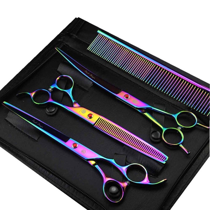 Purple Dragon 8.0" Titanium Multicolor Professional Pet Grooming Scissors Set,Straight & Thinning & Curved Scissors Shear with Bag for Dog Cat Grooming - Image 1